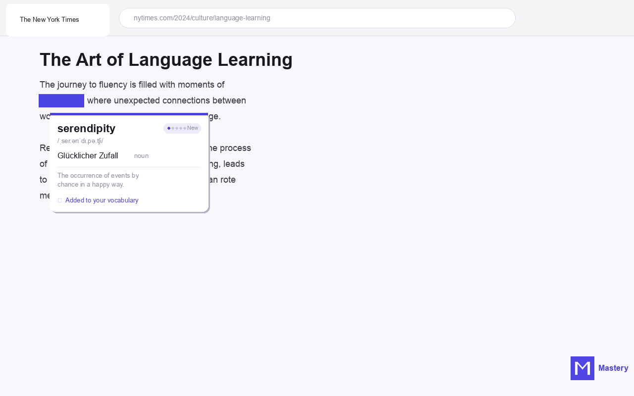 Mastery Chrome extension translating 'serendipity' on a New York Times article, showing definition, pronunciation, and German translation