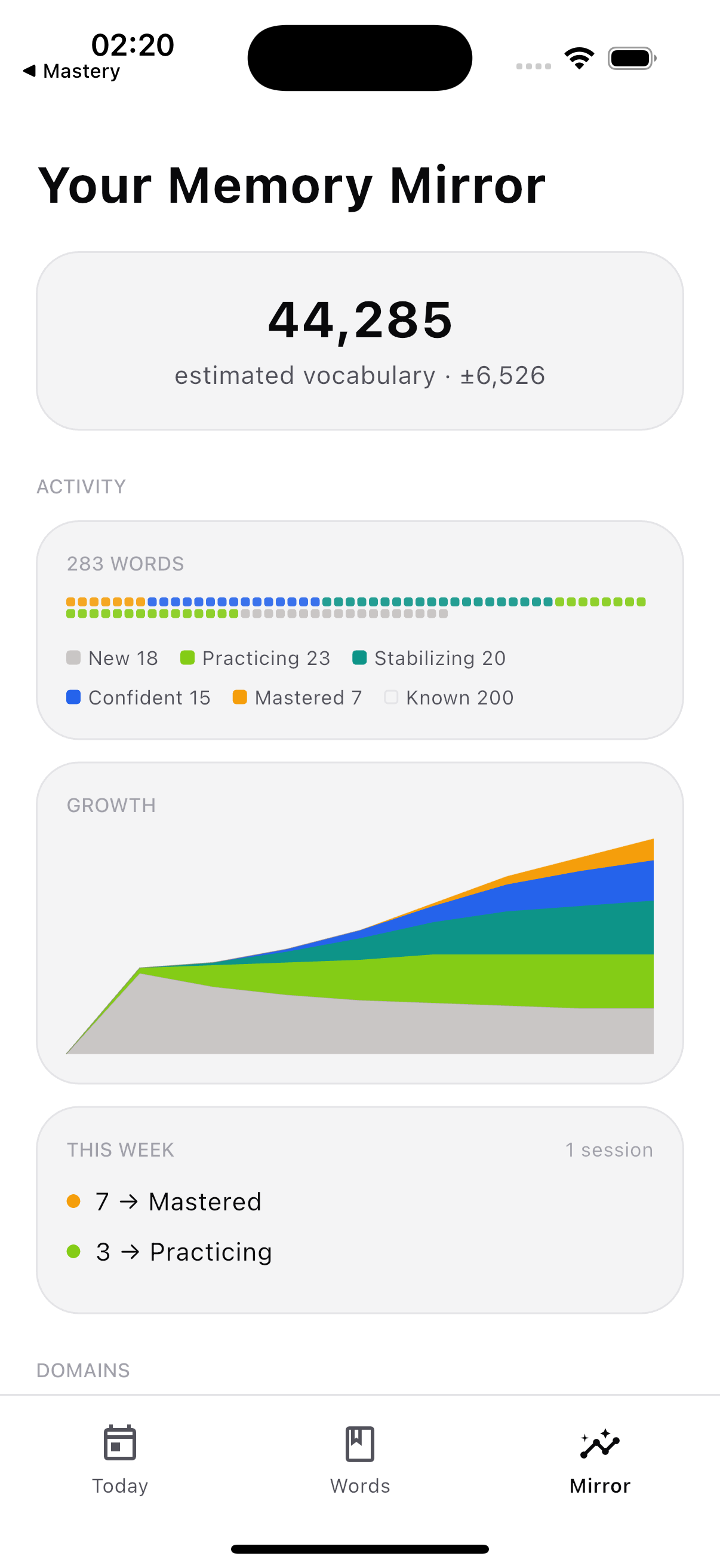 Mastery Memory Mirror showing vocabulary progress with 44,285 estimated words, growth chart, and domain categories